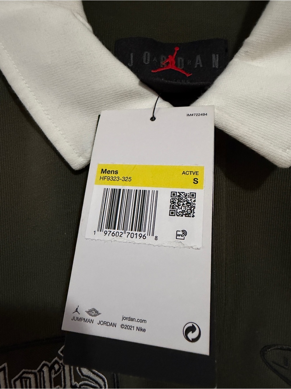 Jordan Olive Green Long Sleeve Polo with White Collar and Graphic Logos - Picture 2 of 5